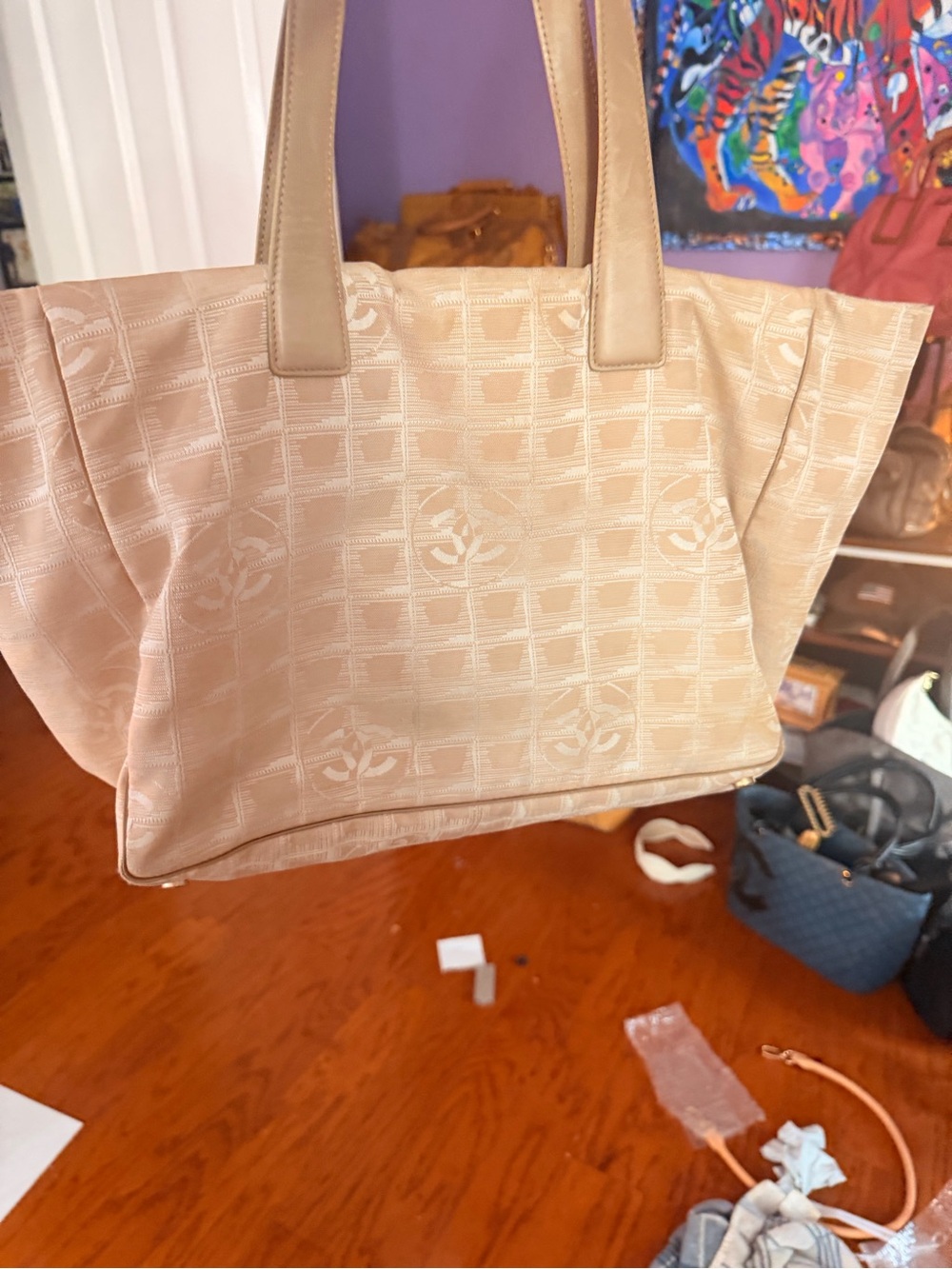CHANEL Beige Jacquard Nylon Tote with Leather Handles - Picture 3 of 7